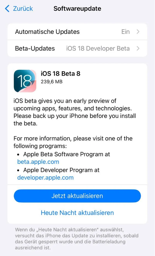 阜新苹果手机维修分享苹果 iOS / iPadOS 18 开发者预览版 Beta 8 发布 